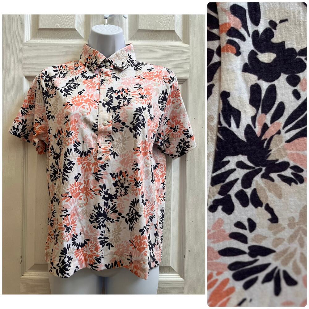 Leon Levin Print Collared Short Sleeve Polo Top Petite Small Soft Preppy